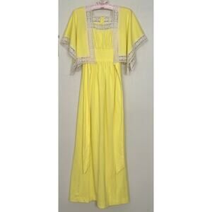 Vintage 70s JCPenney Sz 5 Yellow Maxi Dress with Lace Trim Crochet Boho